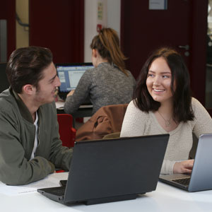 Male and female students using laptops