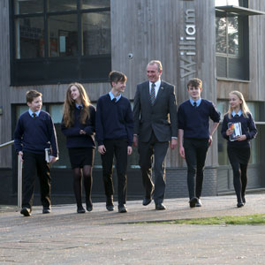 School children at William Brookes School with Headteacher
